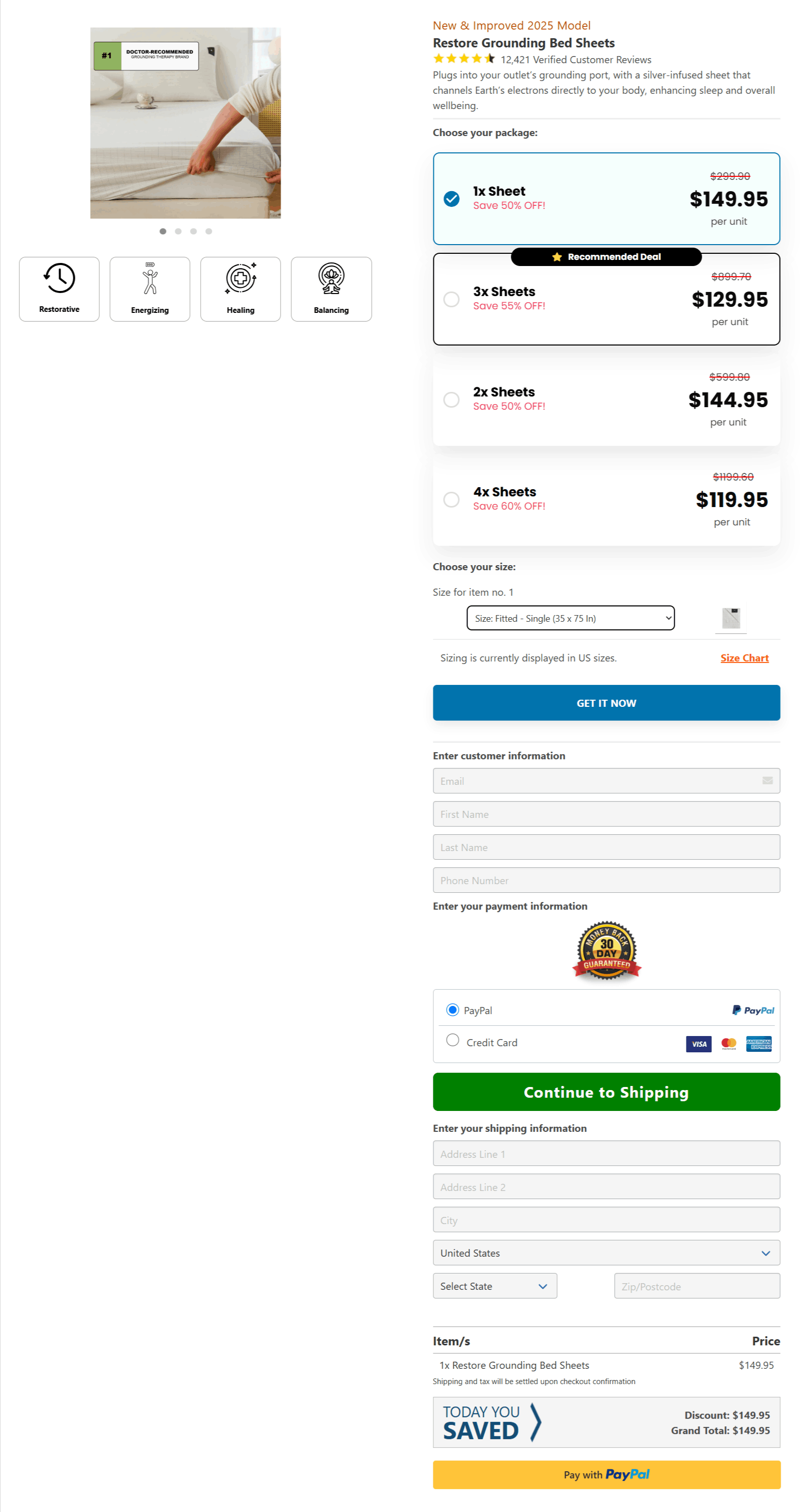 Restore Grounding Bed Sheet checkout page